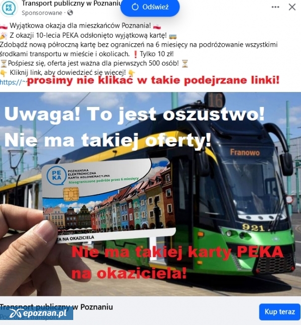 Skan fejkowego profilu na FB | fot. ZTM Poznań