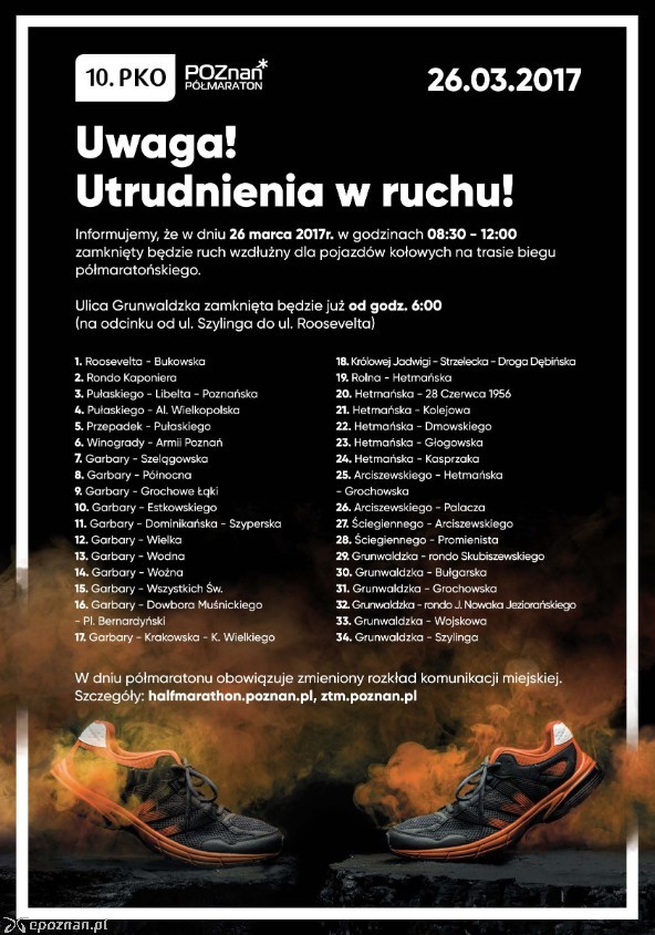 Lista ulic, po których będą biegli uczestnicy półmaratonu | fot. POSiR