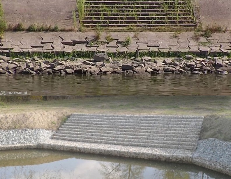 Na górze brzeg Warty dziś, na dole kosze gabionowe