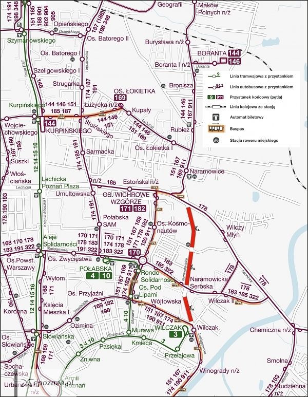 Grafika przedstawia schemat komunikacji publicznej i buspasów podczas trwania inwestycji na Naramowicach (od 30.05.2020) | fot. ZTM