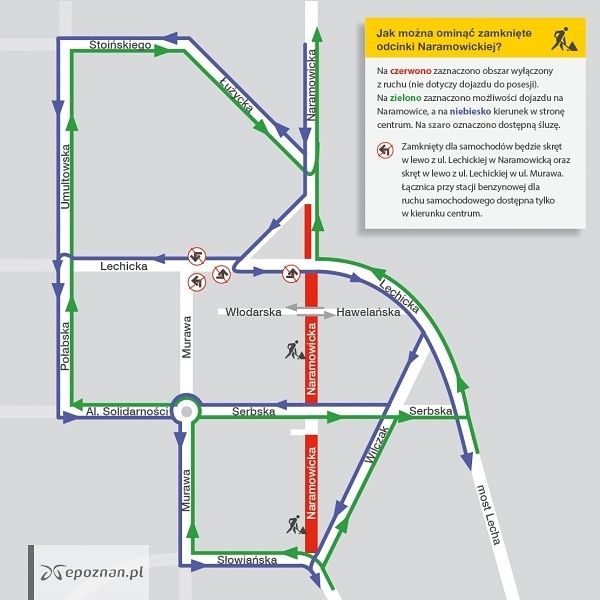 Grafika przedstawia schemat sugerowanych objazdów podczas trwania inwestycji na Naramowicach (od 30.05.2020) | fot. ZTM