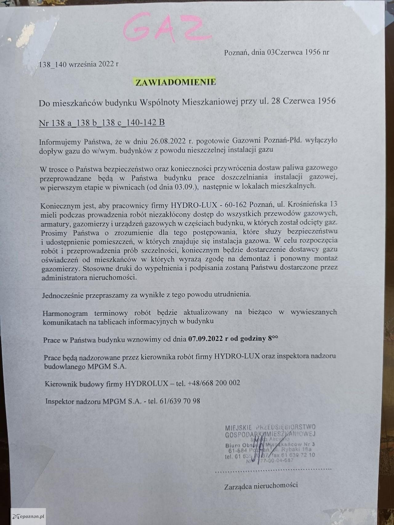 Treść ogłoszenia wywieszonego na klatkach schodowych. | fot. Czytelnik