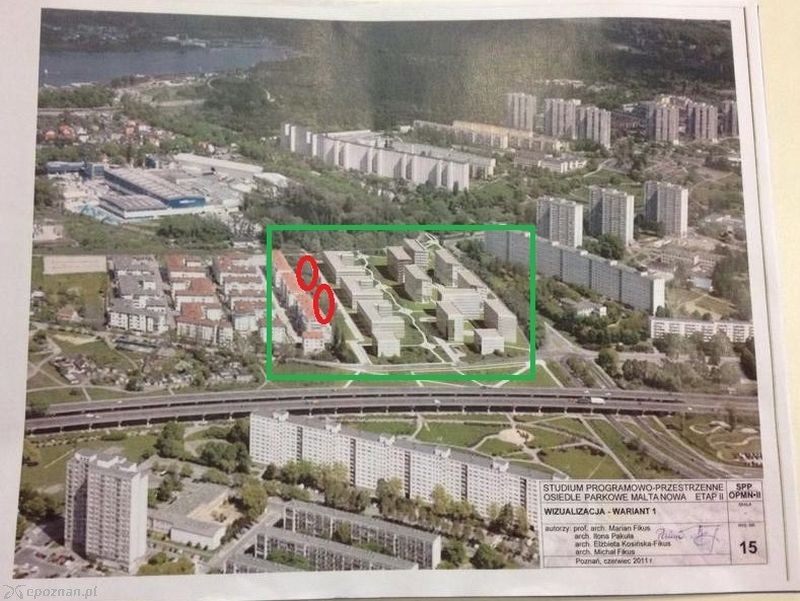 Koncepcje UWI zakładające zabudowę terenu parkowego: na czerwono zaznaczono miejsca, w których zgodnie z MPZP mogą powstać 2 bloki | fot. UWI